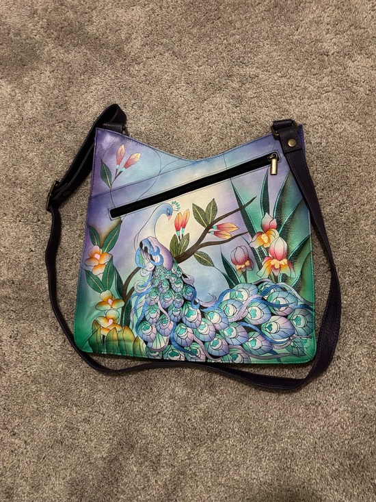 Anuschka Handbags - Anuschka Hand-Painted Peacock Crossbody in Teal, Purple & Green